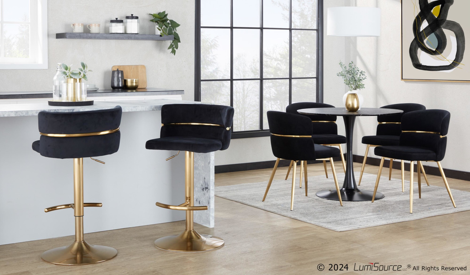 Cinch Gold and Black Velvet Adjustable Barstools (Set of 2) 3 Cinch Gold and Black Velvet Adjustable Barstools (Set of 2) - Image 3