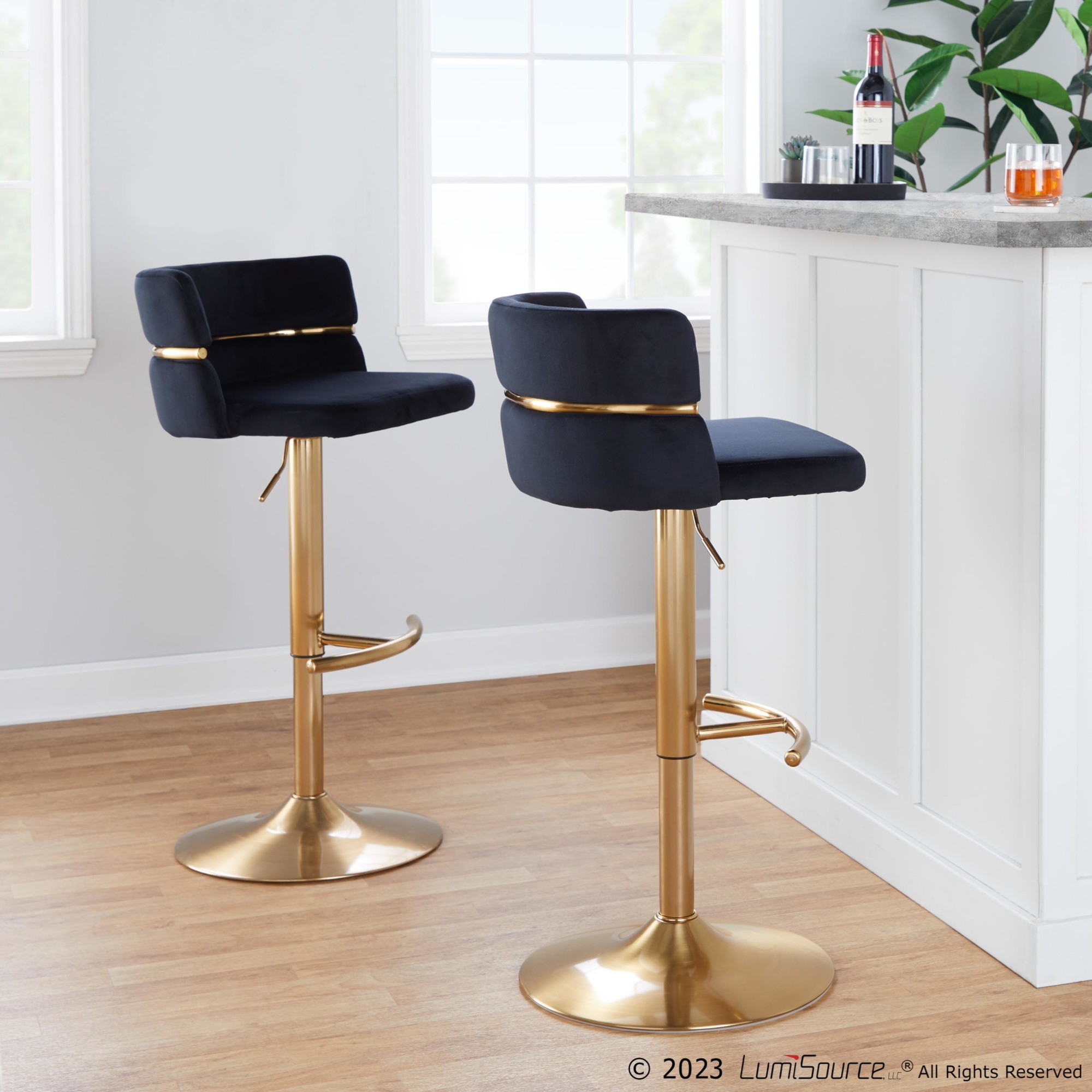 Cinch Gold and Black Velvet Adjustable Barstools (Set of 2) 4 Cinch Gold and Black Velvet Adjustable Barstools (Set of 2) - Image 4