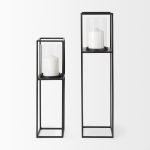 Cindy Set of 2 Matte Black Metal and Hurricane Glass Pillar Tabletop Candle Holders