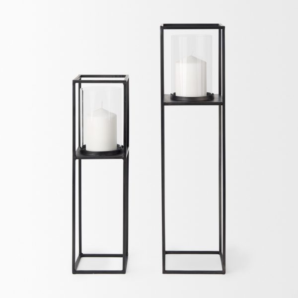 Cindy Set of 2 Matte Black Metal and Hurricane Glass Pillar Tabletop Candle Holders 1