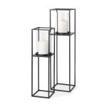 Cindy Set of 2 Matte Black Metal and Hurricane Glass Pillar Tabletop Candle Holders