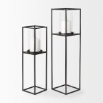 Cindy Set of 2 Matte Black Metal and Hurricane Glass Pillar Tabletop Candle Holders