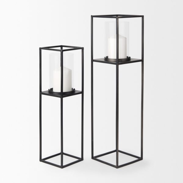 Cindy Set of 2 Matte Black Metal and Hurricane Glass Pillar Tabletop Candle Holders 2