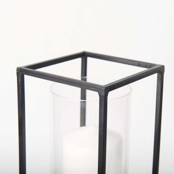 Cindy Set of 2 Matte Black Metal and Hurricane Glass Pillar Tabletop Candle Holders 3
