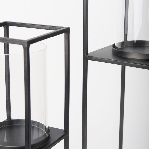 Cindy Set of 2 Matte Black Metal and Hurricane Glass Pillar Tabletop Candle Holders 5