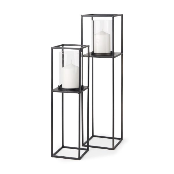 Cindy Set of 2 Matte Black Metal and Hurricane Glass Pillar Tabletop Candle Holders