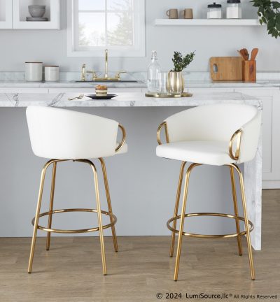 Claire 26 Gold and White Contemporary Swivel Stools (Set of 2)