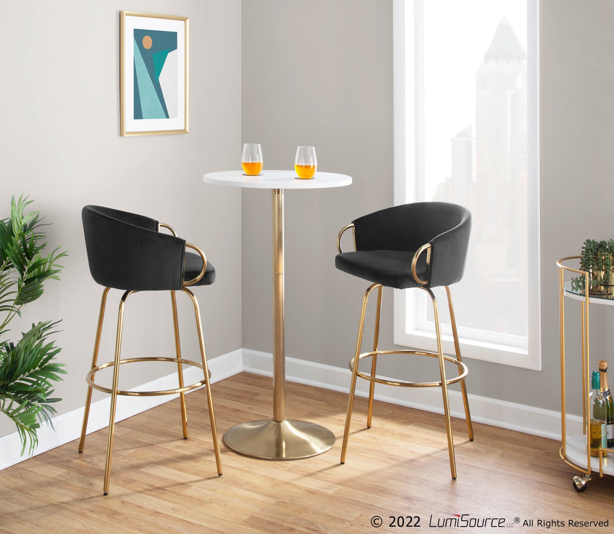 Claire 30 Gold Black Velvet Contemporary Bar Stool (Set of 2) 2 Claire 30 Gold Black Velvet Contemporary Bar Stool (Set of 2) - Image 2
