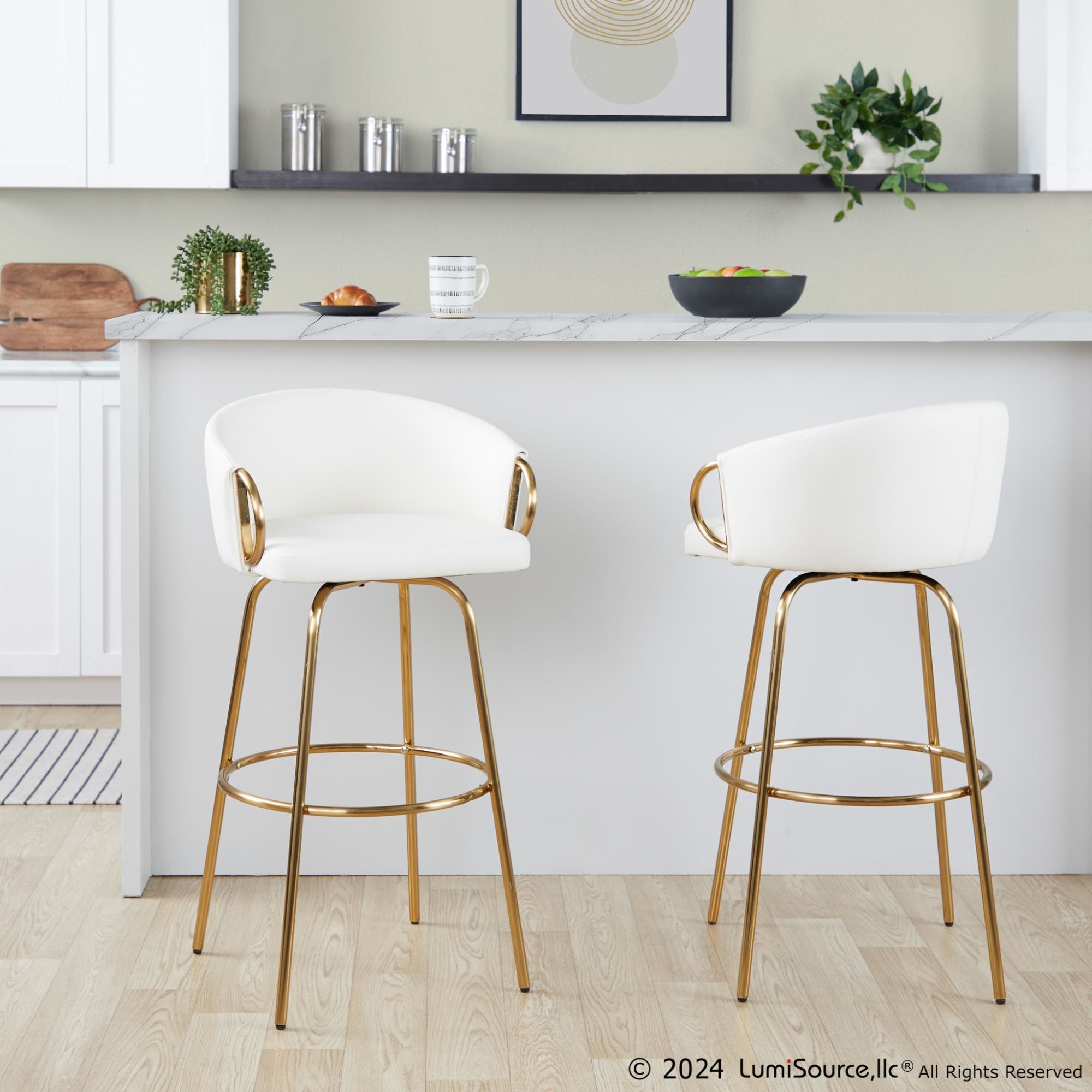 Claire 30 Gold White Contemporary Swivel Barstool (Set of 2) 2 Claire 30 Gold White Contemporary Swivel Barstool (Set of 2) - Image 2