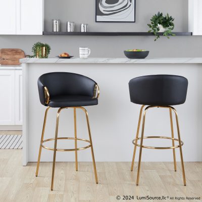 Claire 30 Gold and Black Faux Leather Contemporary Barstools (Set of 2)