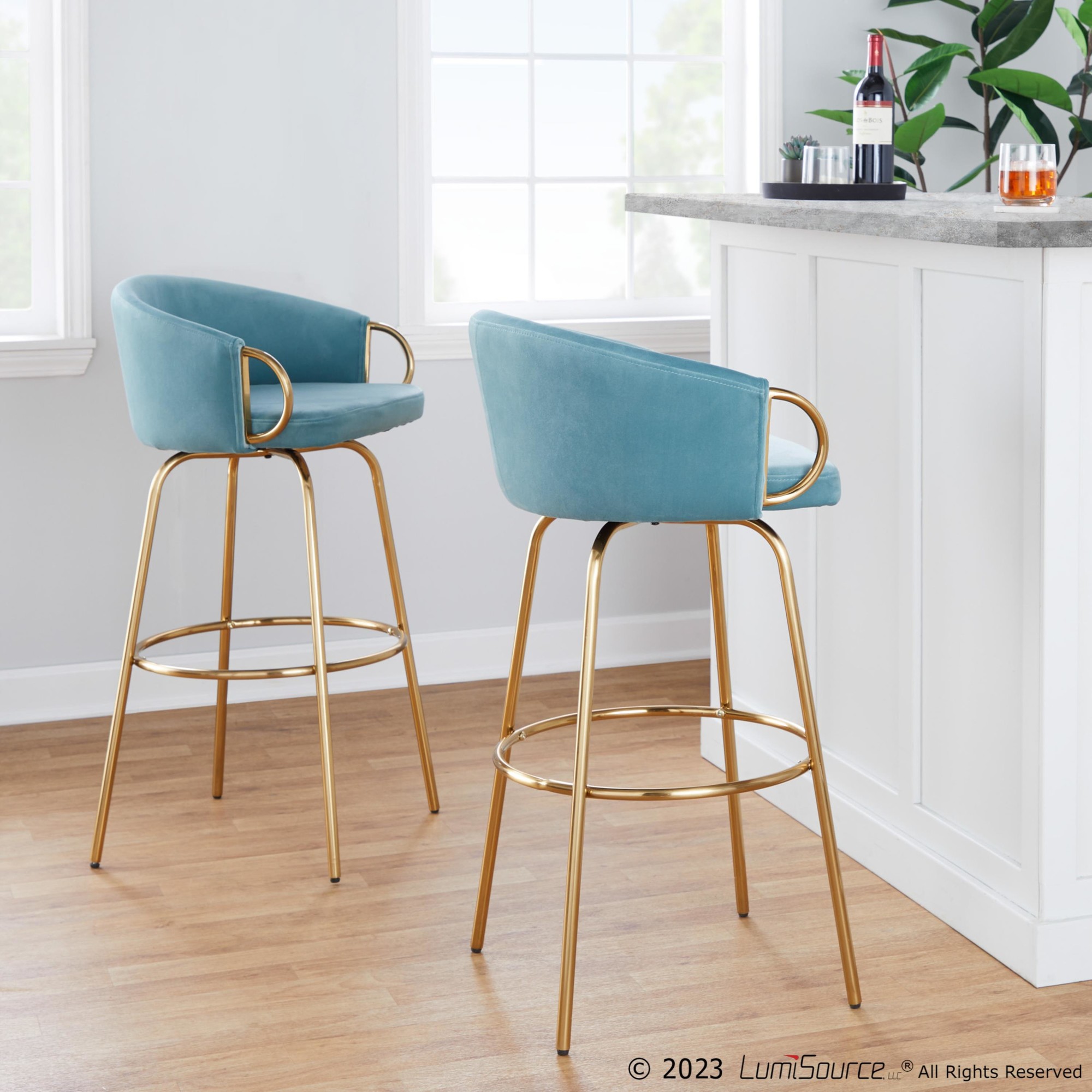 Claire 30 Light Blue Velvet Contemporary Bar Stools (Set of 2) 2 Claire 30 Light Blue Velvet Contemporary Bar Stools (Set of 2) - Image 2