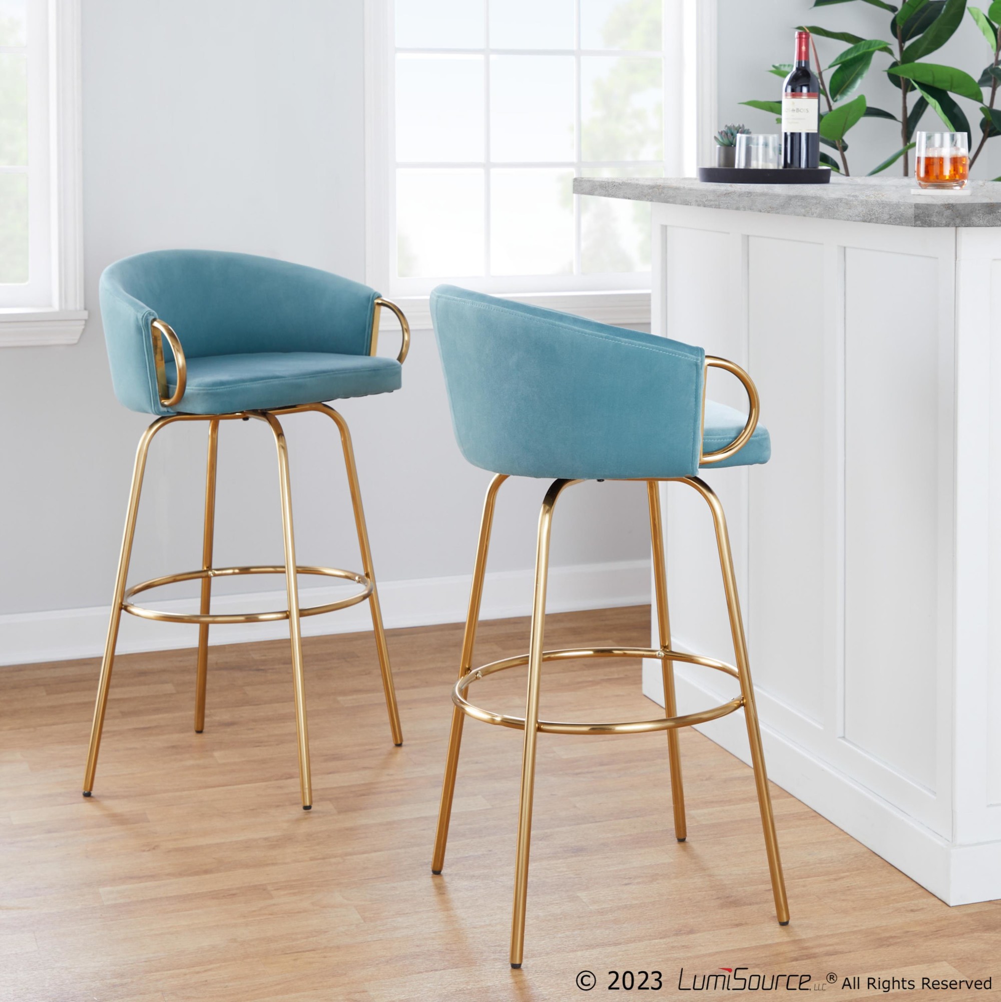 Claire 30 Light Blue Velvet Contemporary Bar Stools (Set of 2) 3 Claire 30 Light Blue Velvet Contemporary Bar Stools (Set of 2) - Image 3
