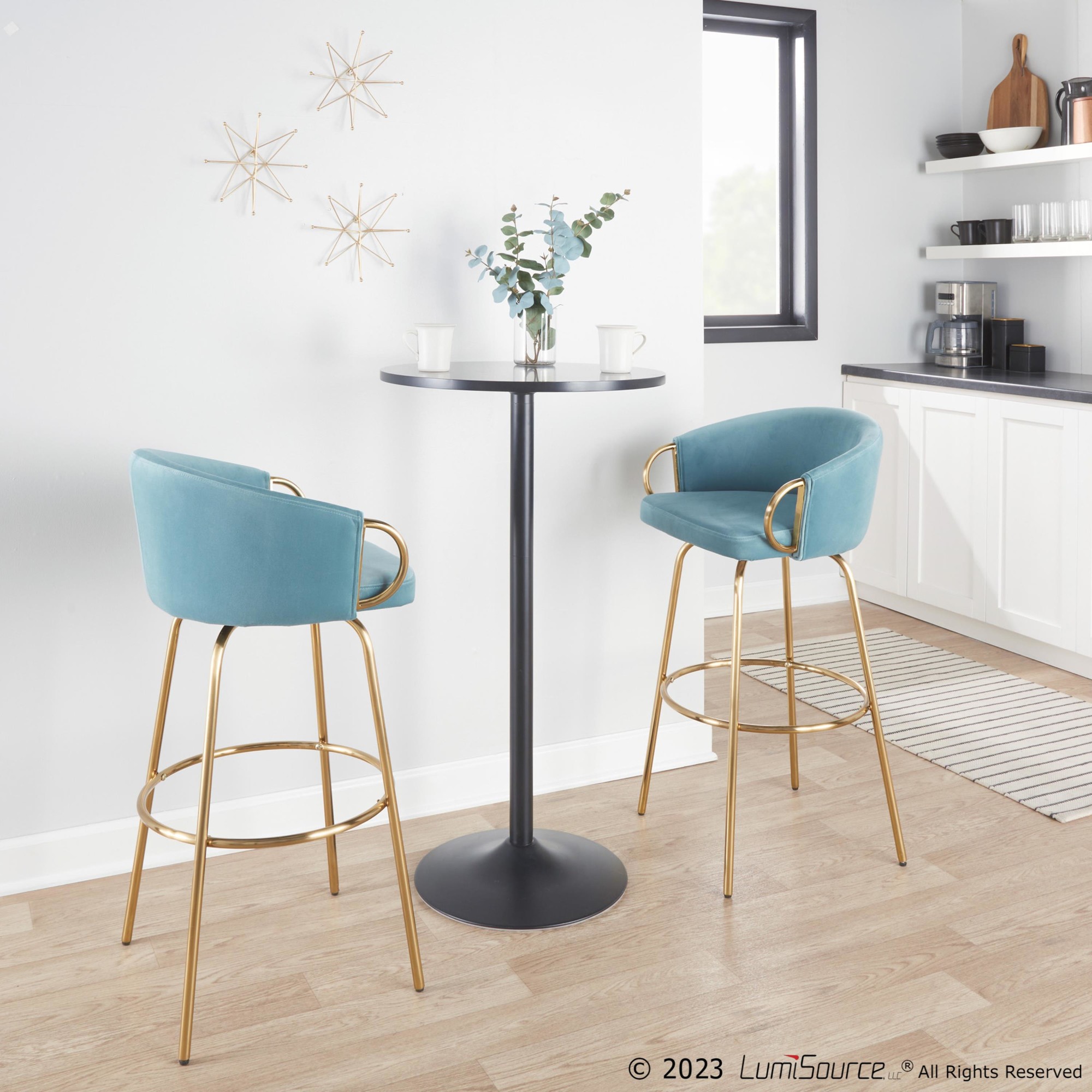 Claire 30 Light Blue Velvet Contemporary Bar Stools (Set of 2) 4 Claire 30 Light Blue Velvet Contemporary Bar Stools (Set of 2) - Image 4