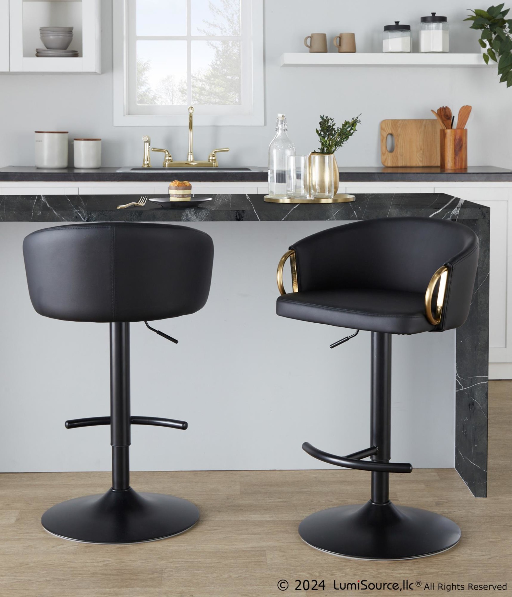 Claire Black Faux Leather Gold Metal Contemporary Barstool (Set of 2) 2 Claire Black Faux Leather Gold Metal Contemporary Barstool (Set of 2) - Image 2