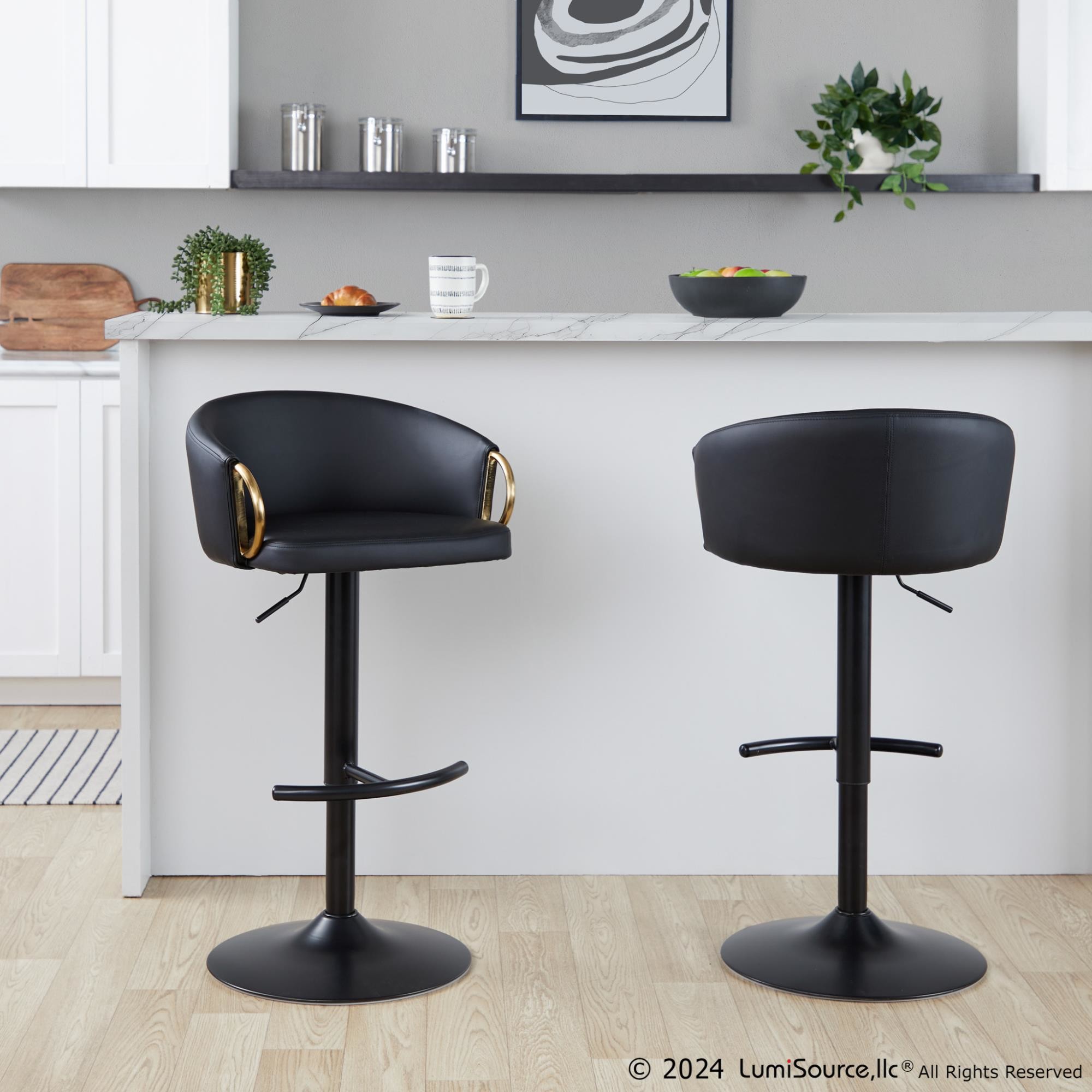 Claire Black Faux Leather Gold Metal Contemporary Barstool (Set of 2) 3 Claire Black Faux Leather Gold Metal Contemporary Barstool (Set of 2) - Image 3