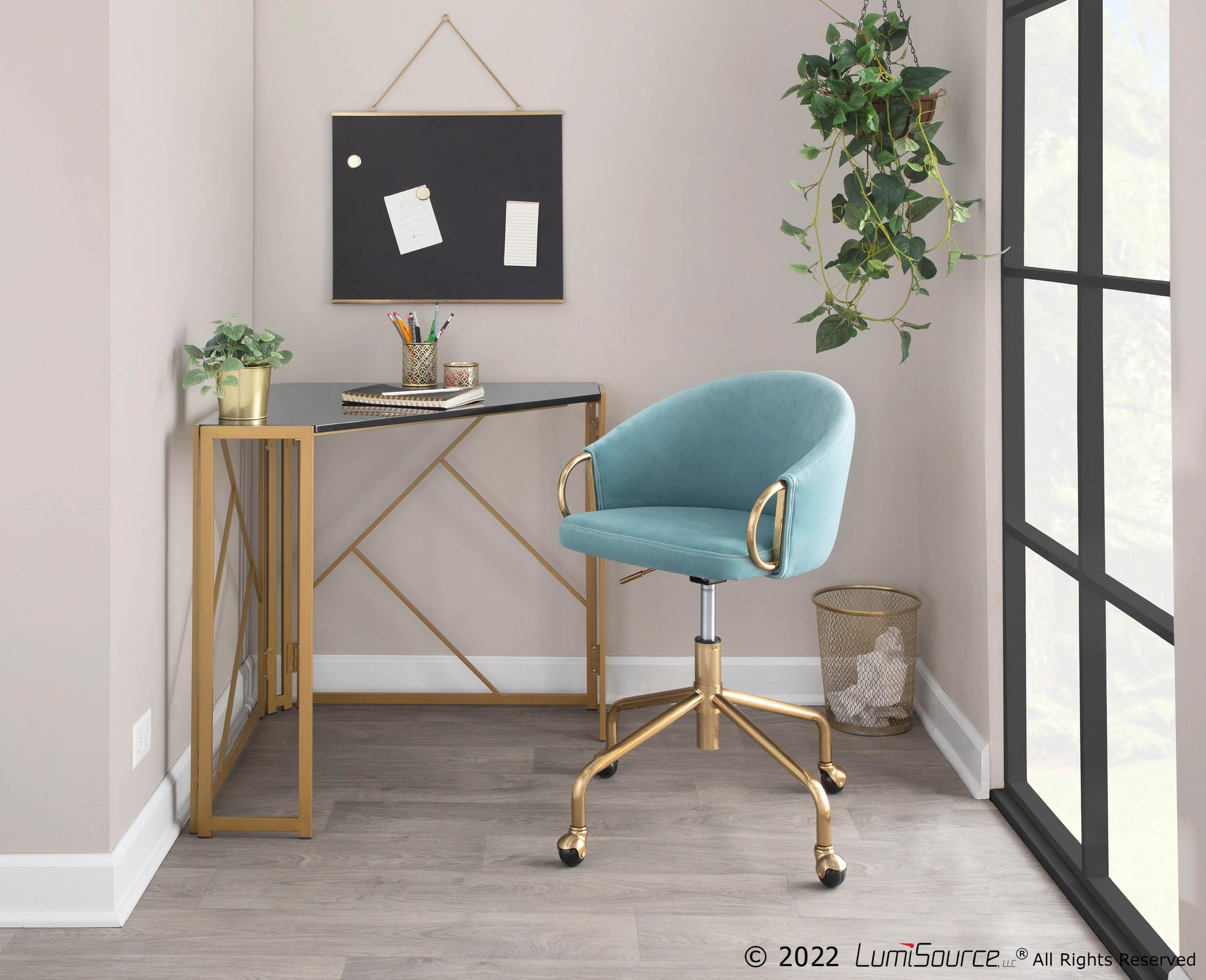 Claire Contemporary Light Blue Velvet Gold Task Chair 2 Claire Contemporary Light Blue Velvet Gold Task Chair - Image 2