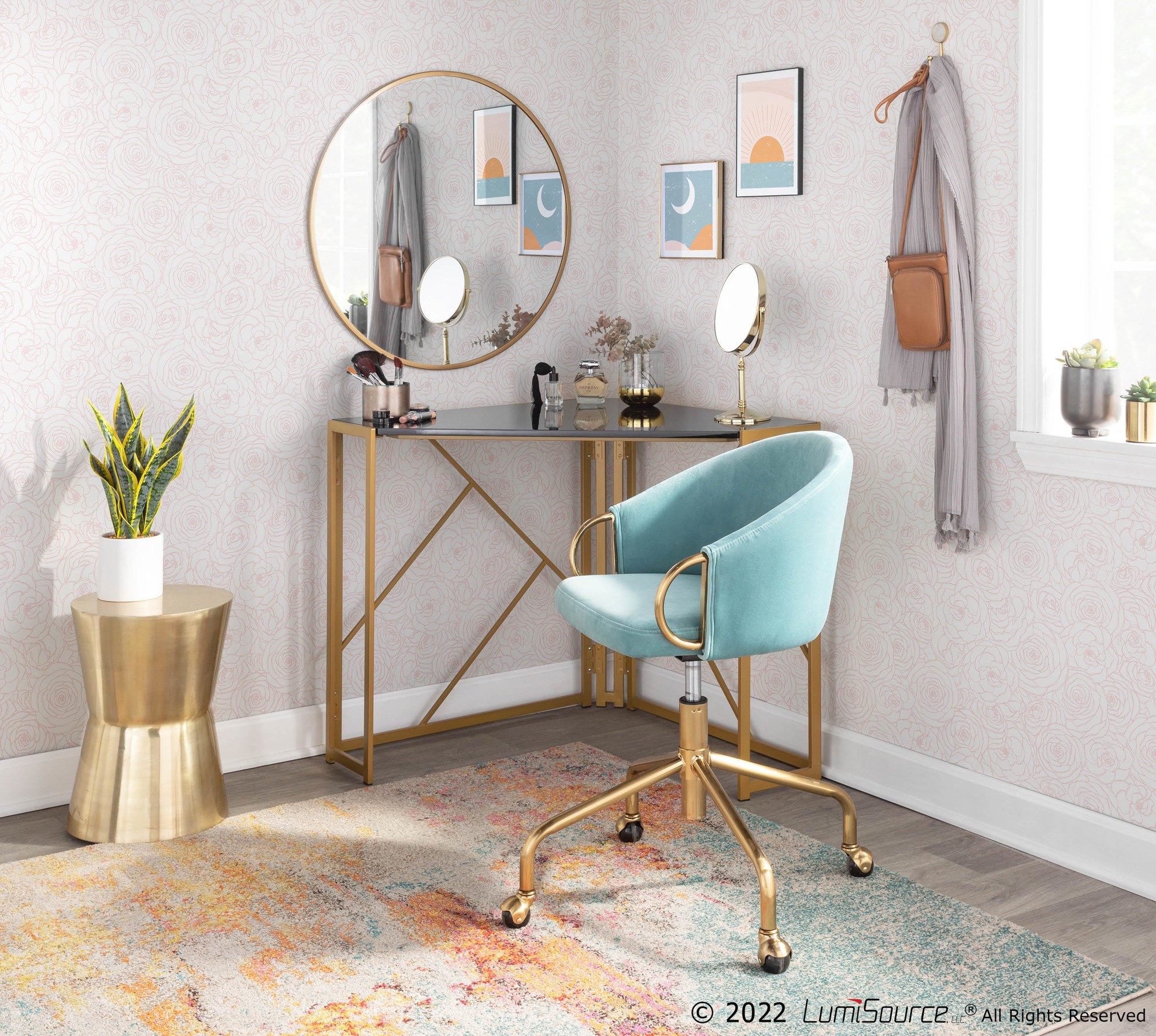 Claire Contemporary Light Blue Velvet Gold Task Chair 3 Claire Contemporary Light Blue Velvet Gold Task Chair - Image 3