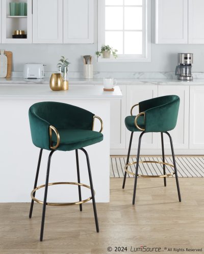 Claire Emerald Velvet Gold Accent Contemporary Counter Stools 26-Inch (Set of 2)