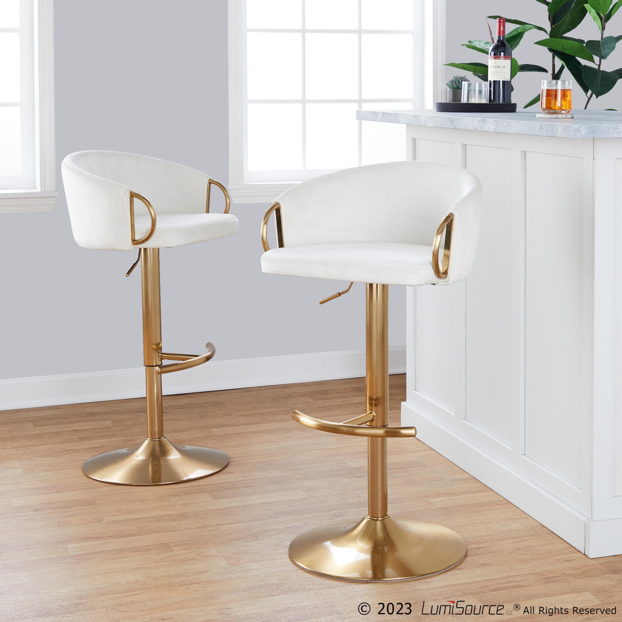 Claire Gold Cream Velvet Swivel Adjustable Barstools (Set of 2) 2 Claire Gold Cream Velvet Swivel Adjustable Barstools (Set of 2) - Image 2