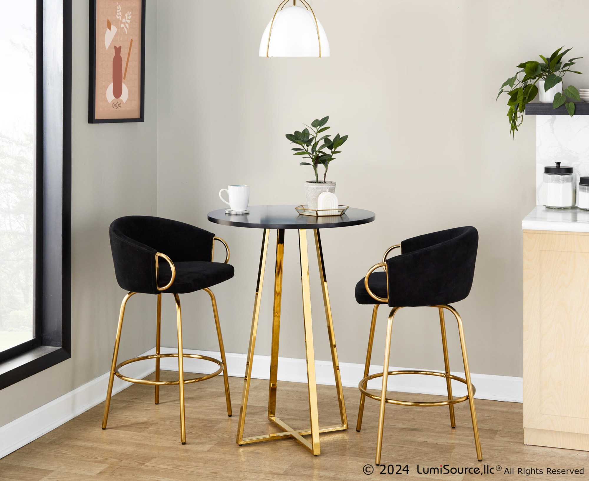 Claire Gold Steel Black Velvet Counter Stool 26-Inch (Set of 2) 2 Claire Gold Steel Black Velvet Counter Stool 26-Inch (Set of 2) - Image 2