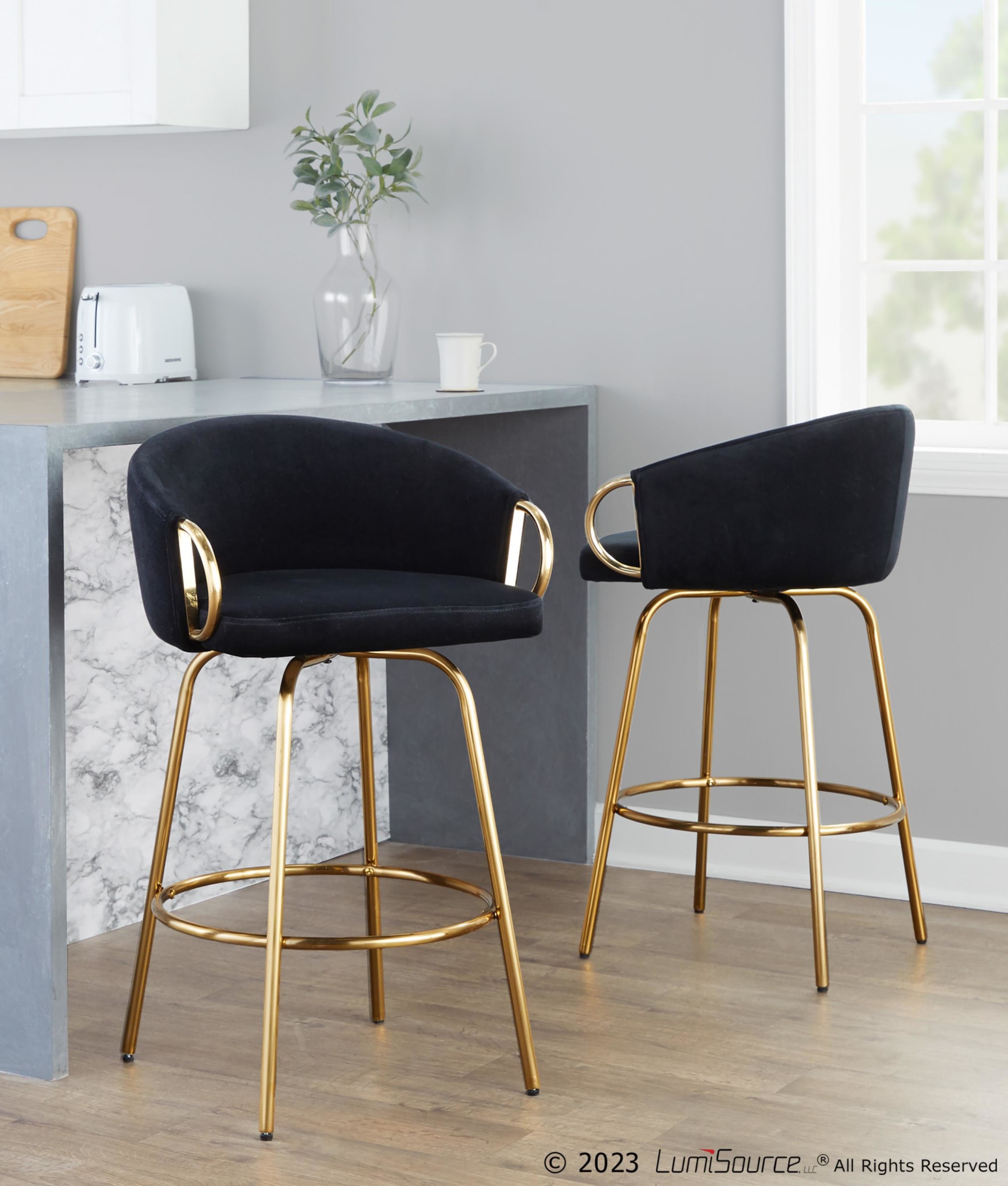 Claire Gold Steel Black Velvet Counter Stool 26-Inch (Set of 2) 3 Claire Gold Steel Black Velvet Counter Stool 26-Inch (Set of 2) - Image 3