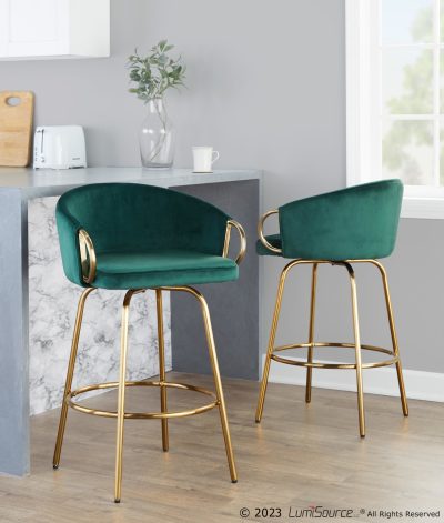 Claire Gold Steel Green Velvet Contemporary Counter Stools (Set of 2)