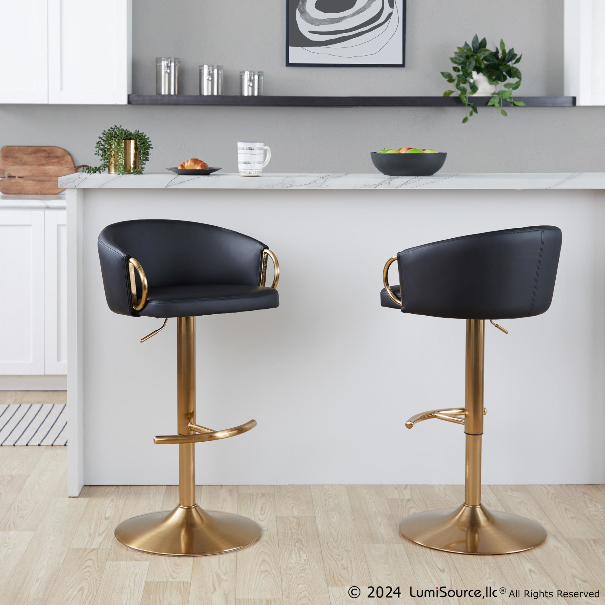 Claire Gold and Black Faux Leather Adjustable Barstools (Set of 2) 2 Claire Gold and Black Faux Leather Adjustable Barstools (Set of 2) - Image 2