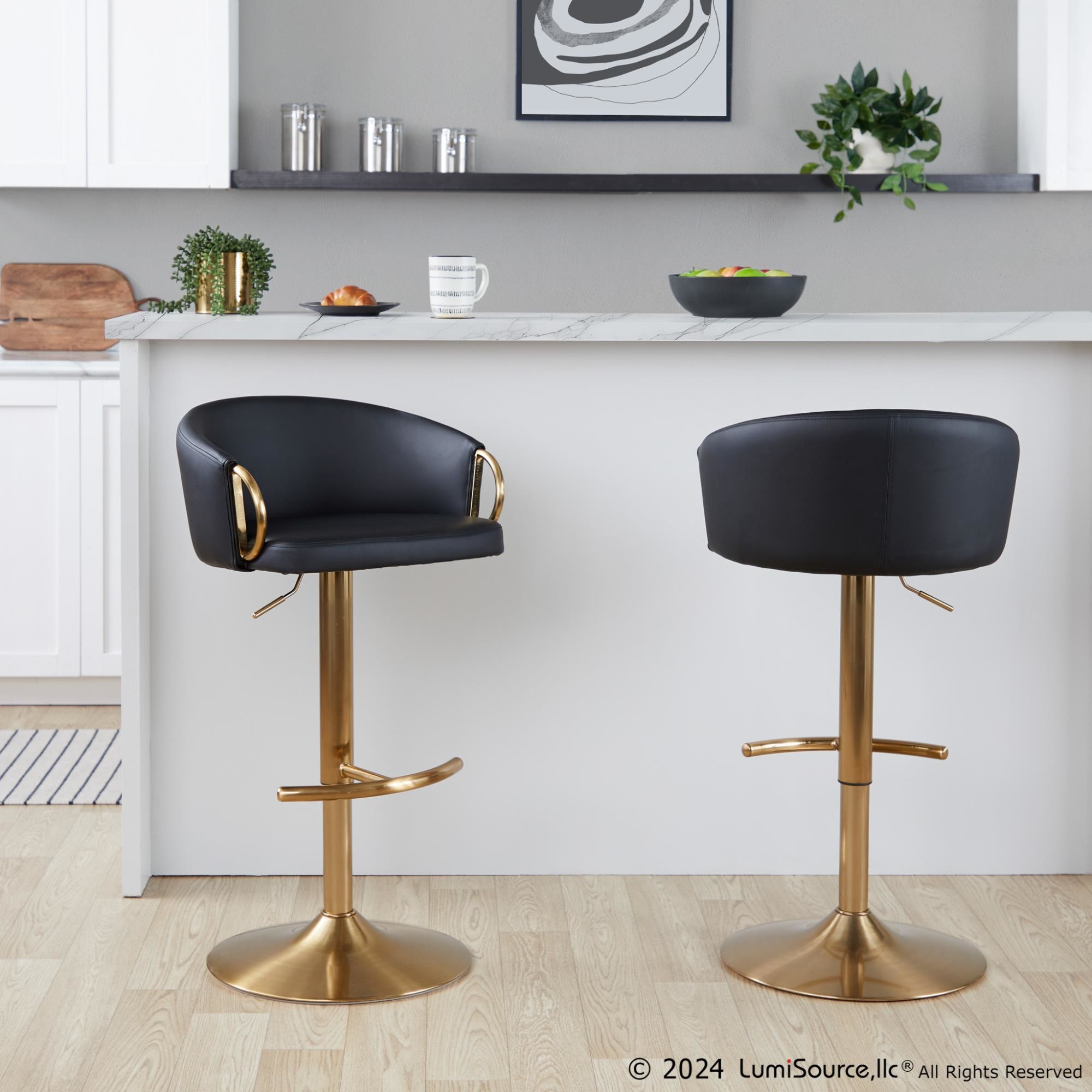 Claire Gold and Black Faux Leather Adjustable Barstools (Set of 2) 1 Claire Gold and Black Faux Leather Adjustable Barstools (Set of 2)