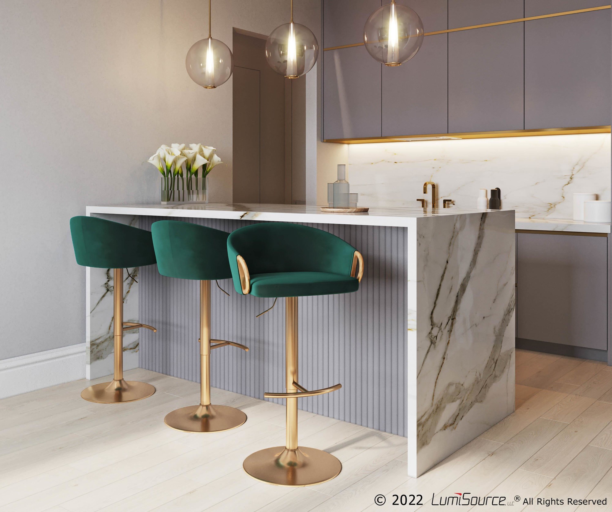 Claire Gold and Green Velvet Adjustable Bar Stools (Set of 2) 1 Claire Gold and Green Velvet Adjustable Bar Stools (Set of 2)