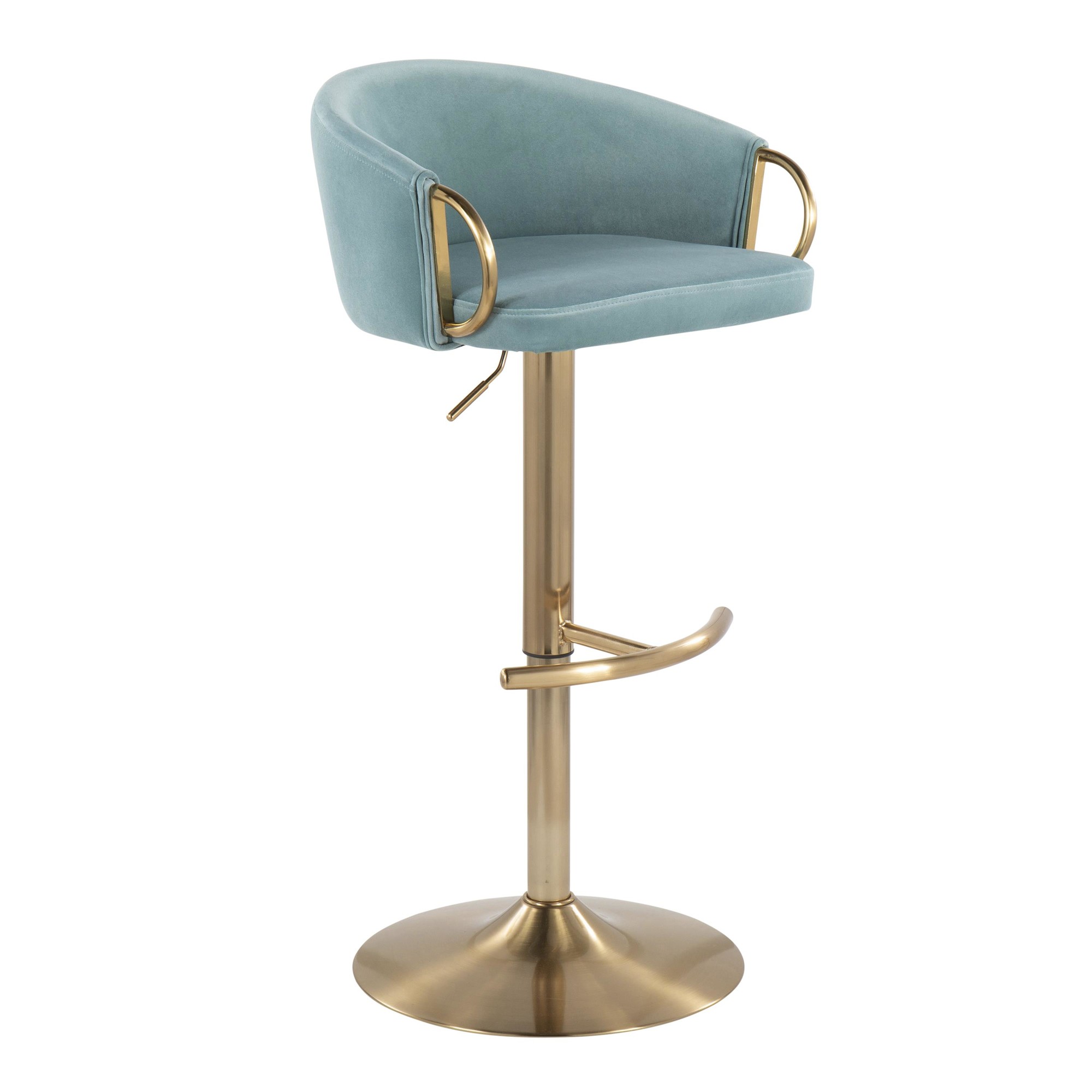 Claire Gold and Light Blue Velvet Contemporary Bar Stools (Set of 2) 3 Claire Gold and Light Blue Velvet Contemporary Bar Stools (Set of 2) - Image 3