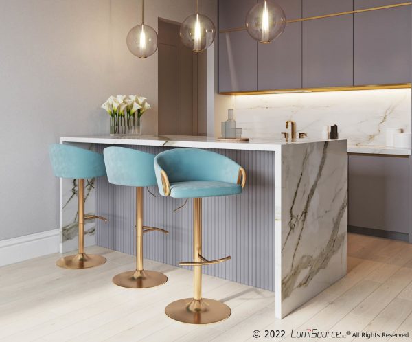 Claire Gold and Light Blue Velvet Contemporary Bar Stools Set of 2
