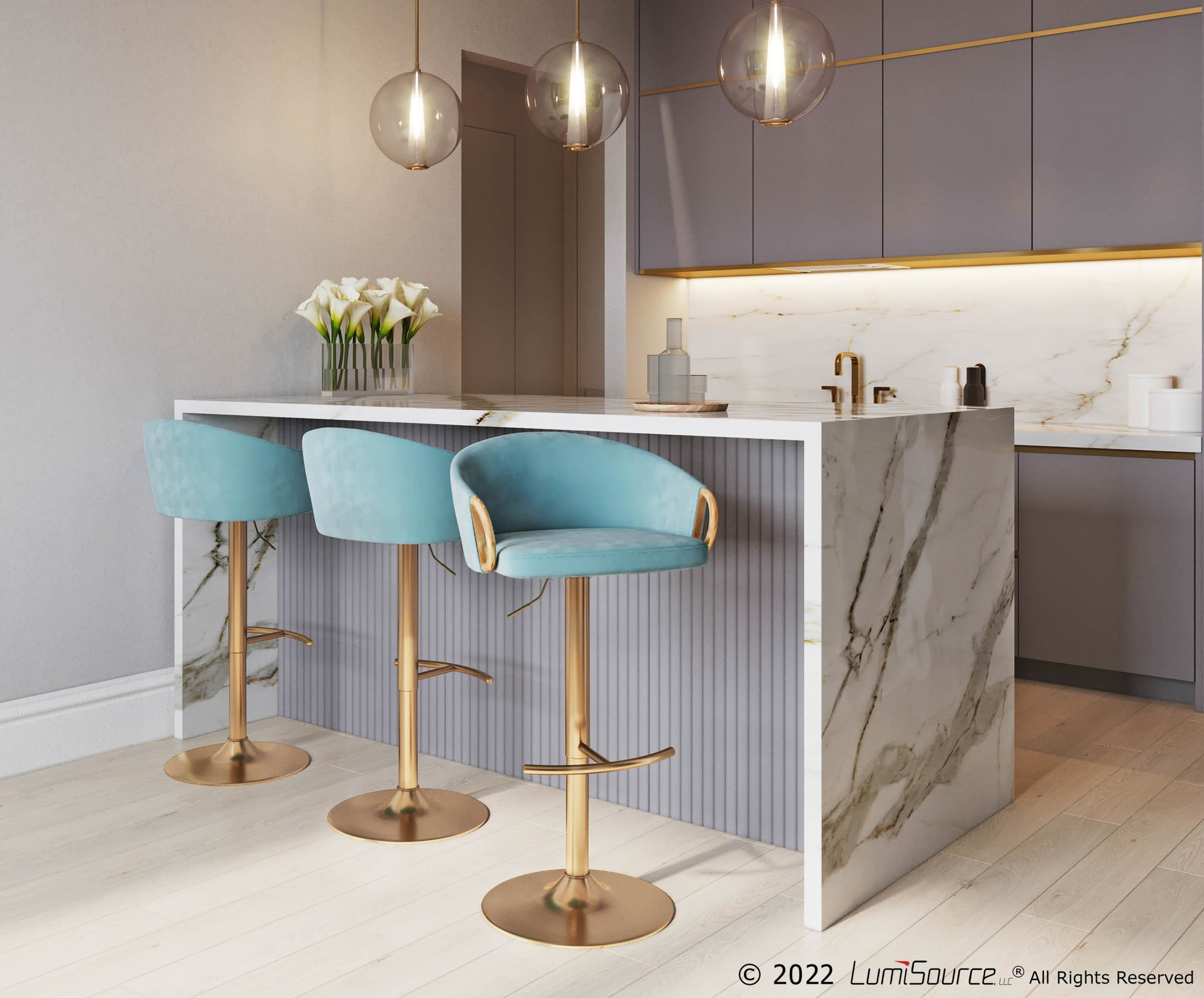 Claire Gold and Light Blue Velvet Contemporary Bar Stools (Set of 2) 1 Claire Gold and Light Blue Velvet Contemporary Bar Stools (Set of 2)