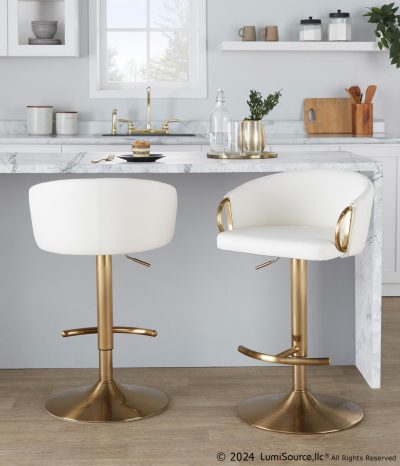 Claire Gold and White Faux Leather Adjustable Barstools (Set of 2)