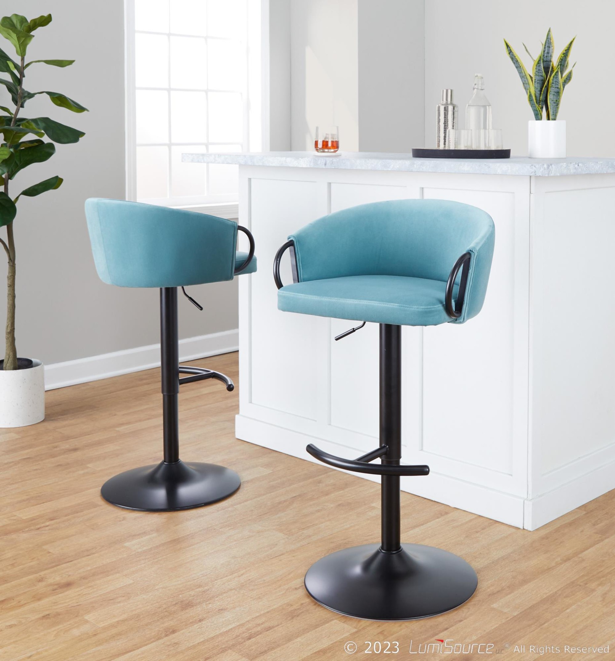 Claire Light Blue Velvet Contemporary Swivel Barstools (Set of 2) 2 Claire Light Blue Velvet Contemporary Swivel Barstools (Set of 2) - Image 2
