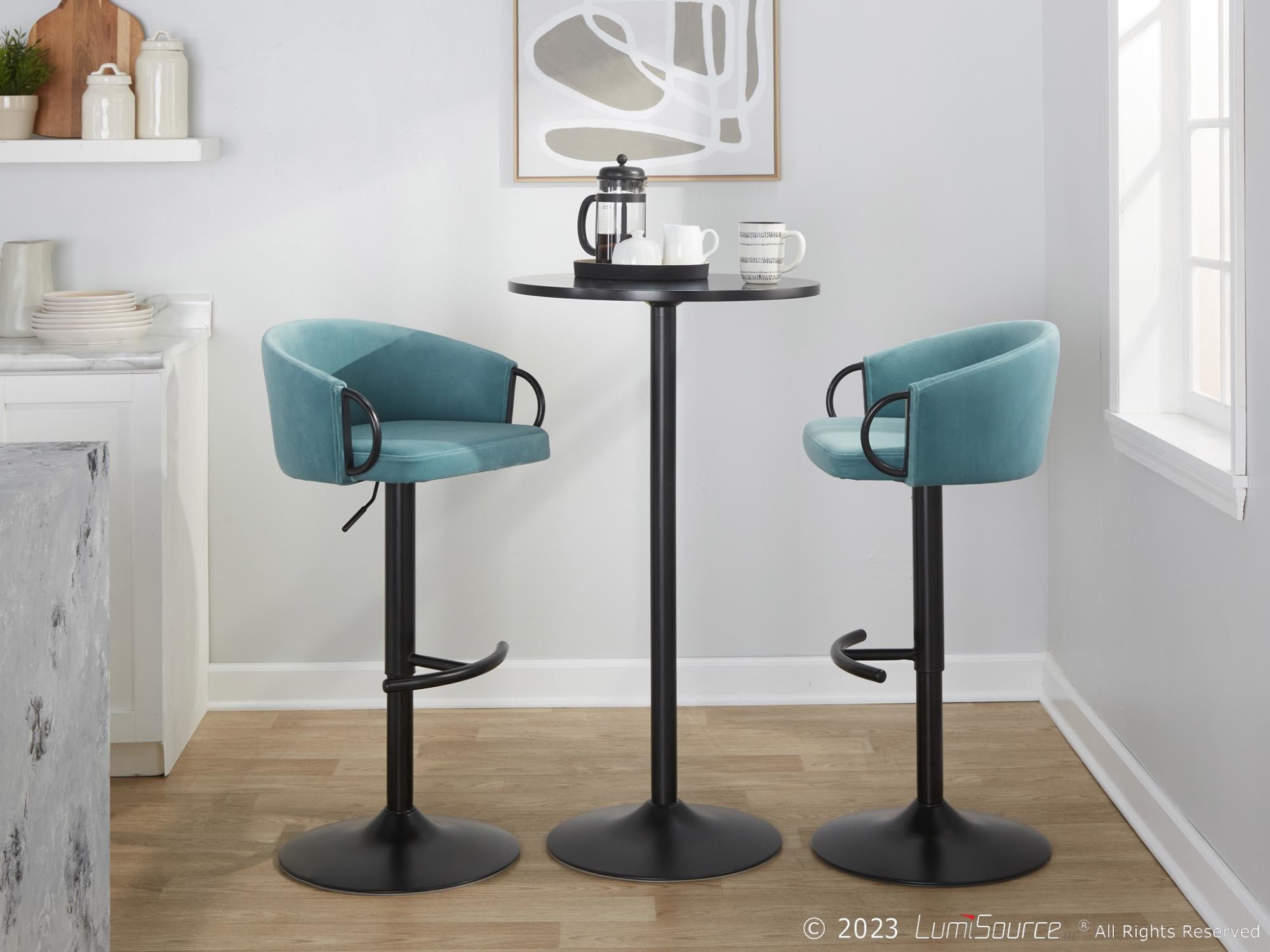 Claire Light Blue Velvet Contemporary Swivel Barstools (Set of 2) 3 Claire Light Blue Velvet Contemporary Swivel Barstools (Set of 2) - Image 3