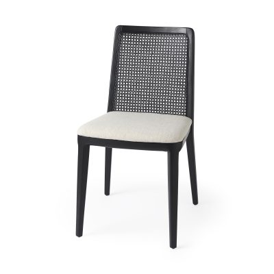 Clara Black Wood W/ Cream Fabric Seat and Cane Back Armless Dining Chair