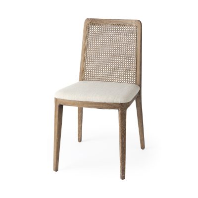 Clara Light Brown Wood W/ Cream Fabric Seat and Cane Back Armless Dining Chair