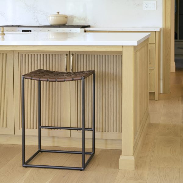 Clarissa 18.0L x 16.0W x 26.25H Dark Brown Woven Leather Seat W Black Iron Frame Counter Stool 2