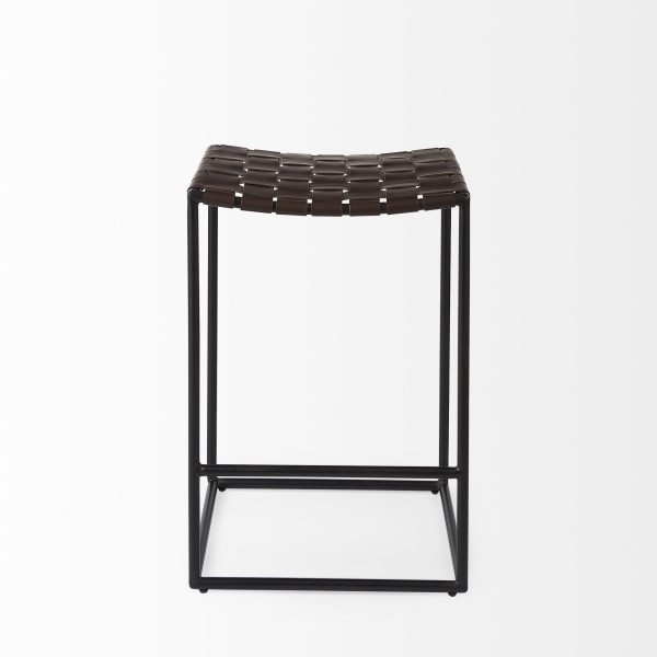 Clarissa 18.0L x 16.0W x 26.25H Dark Brown Woven Leather Seat W Black Iron Frame Counter Stool 5