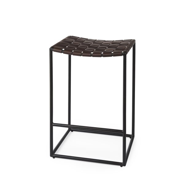 Clarissa 18.0L x 16.0W x 26.25H Dark Brown Woven Leather Seat W Black Iron Frame Counter Stool