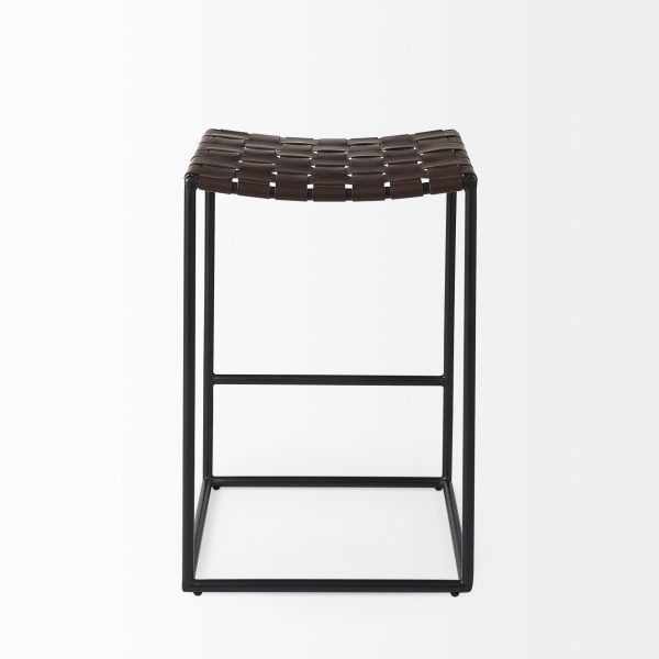 Clarissa 18.0L x 16.0W x 26.25H Dark Brown Woven Leather Seat W Black Iron Frame Counter Stool 7