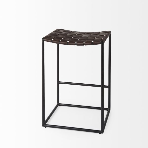 Clarissa 18.0L x 16.0W x 26.25H Dark Brown Woven Leather Seat W Black Iron Frame Counter Stool 8