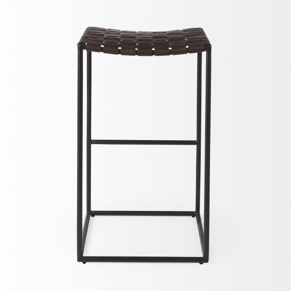 Clarissa 18.0L x 16.0W x 30.25H Dark Brown Woven Leather Seat W Black Metal Frame Bar Stool 4