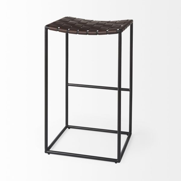 Clarissa 18.0L x 16.0W x 30.25H Dark Brown Woven Leather Seat W Black Metal Frame Bar Stool 5