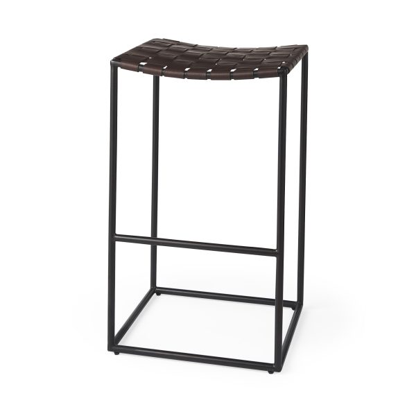 Clarissa 18.0L x 16.0W x 30.25H Dark Brown Woven Leather Seat W Black Metal Frame Bar Stool