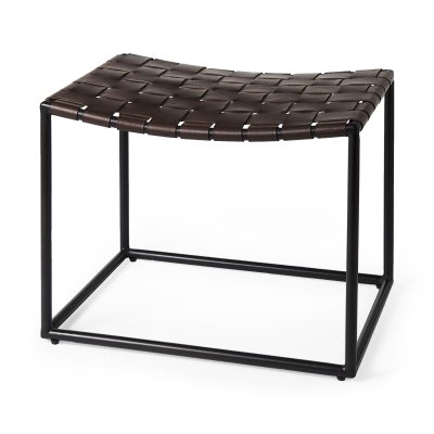 Clarissa 22.0L x 16.0W x 16.5H Brown Leather Woven Seat W/ Black Metal Frame Stool
