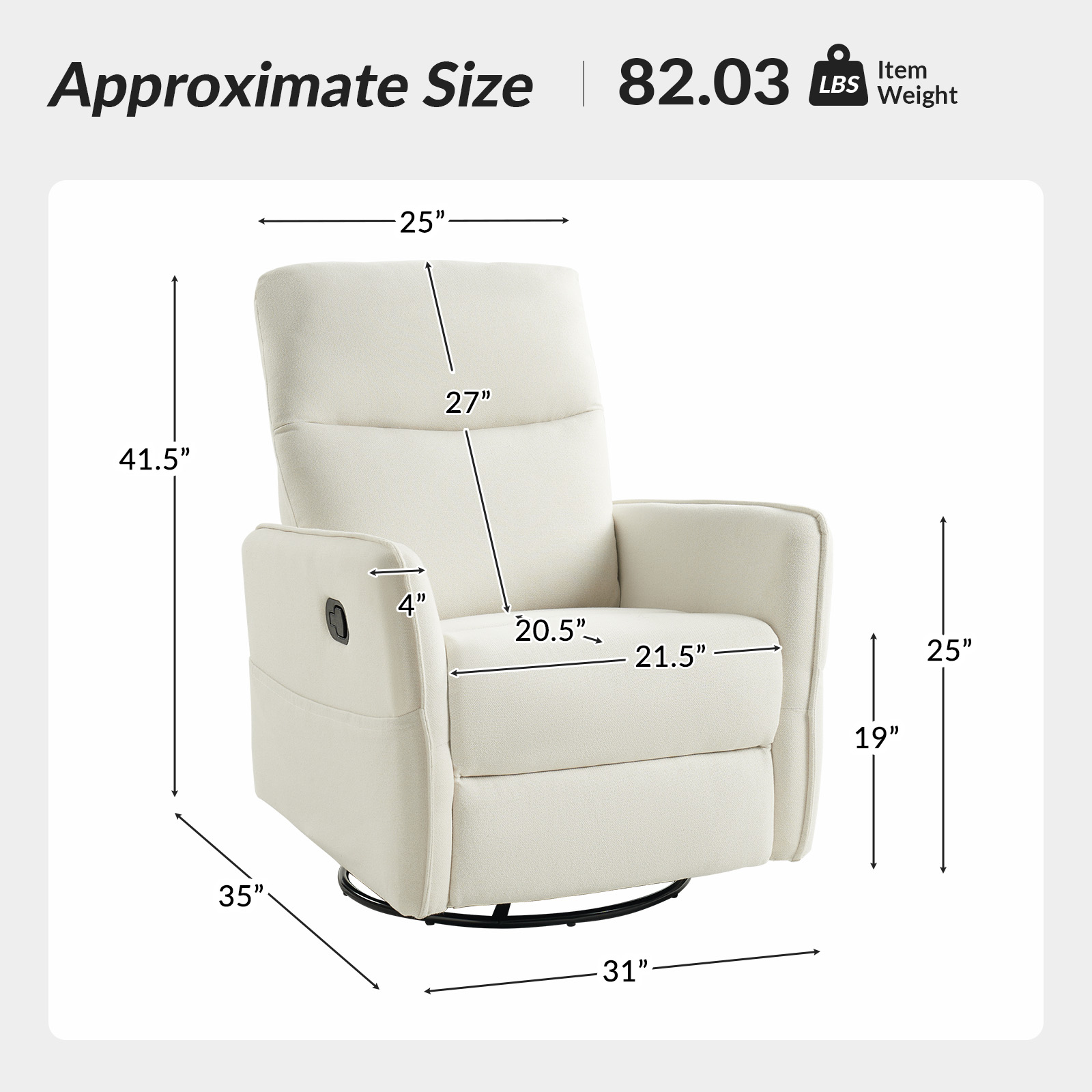 Claude Ivory Linen Swivel Rocking Manual Recliner with Storage Pockets 5 Claude Ivory Linen Swivel Rocking Manual Recliner with Storage Pockets - Image 5