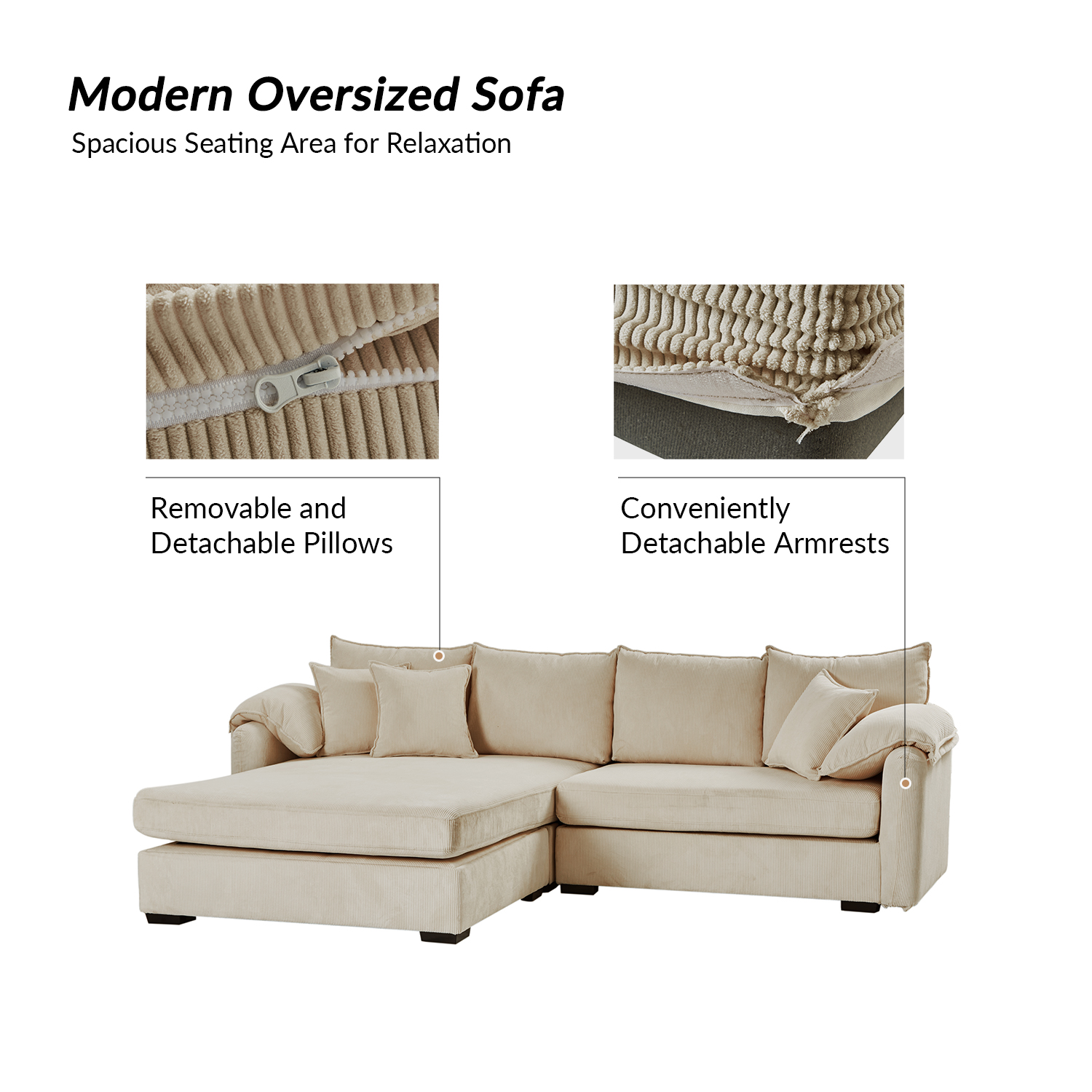 Claudius Beige Velvet Storage Sectional Oversized Comfortable Couch 3 Claudius Beige Velvet Storage Sectional Oversized Comfortable Couch - Image 3