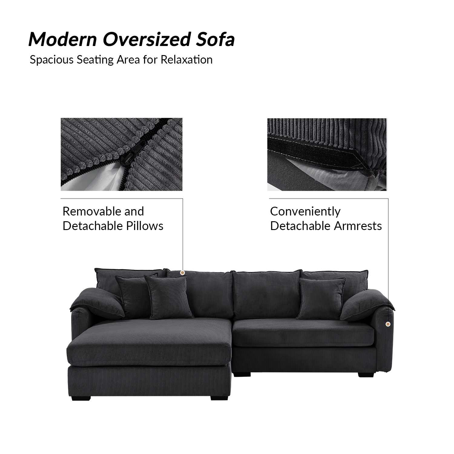 Claudius Charcoal Velvet Oversized Storage Sectional Comfy and Soft Couch 3 Claudius Charcoal Velvet Oversized Storage Sectional Comfy and Soft Couch - Image 3