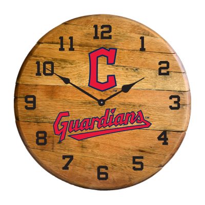Cleveland Guardians Oak Barrel Clock Authentic Whiskey Barrel Top